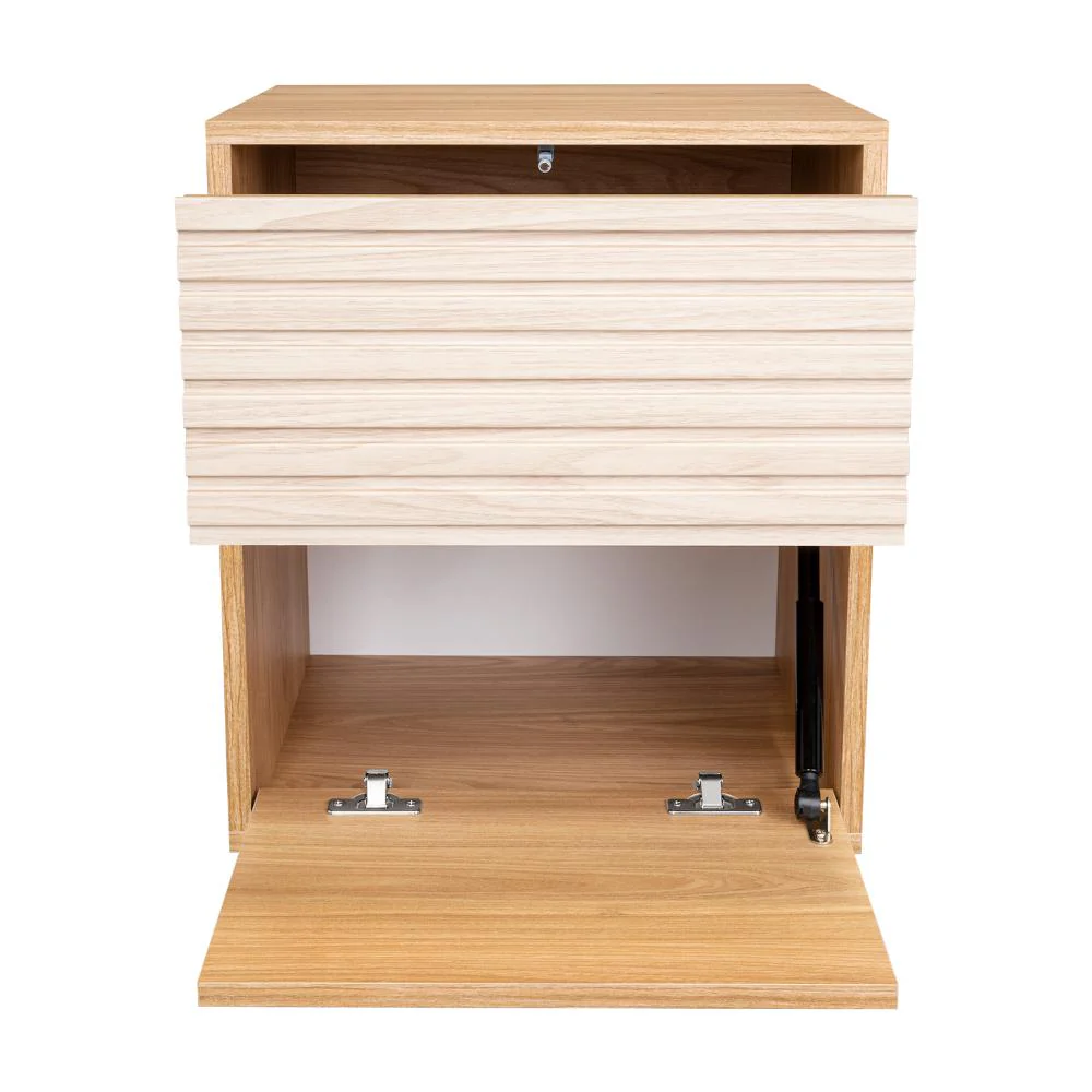 Mesa de Noche Wandda, Fresno Europeo y Roble Natural, con un cajón para guardar objetos - Image 9
