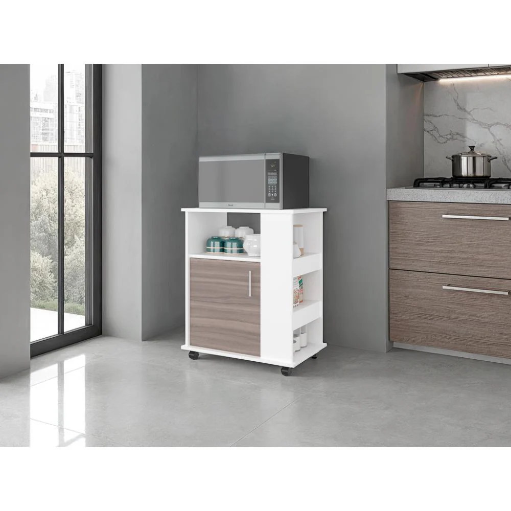 Módulo Microondas Tahara, Avellana y Blanco, con Rodachinas Plásticas y Amplio Espacio Para Almacenar Utensilios - Image 4