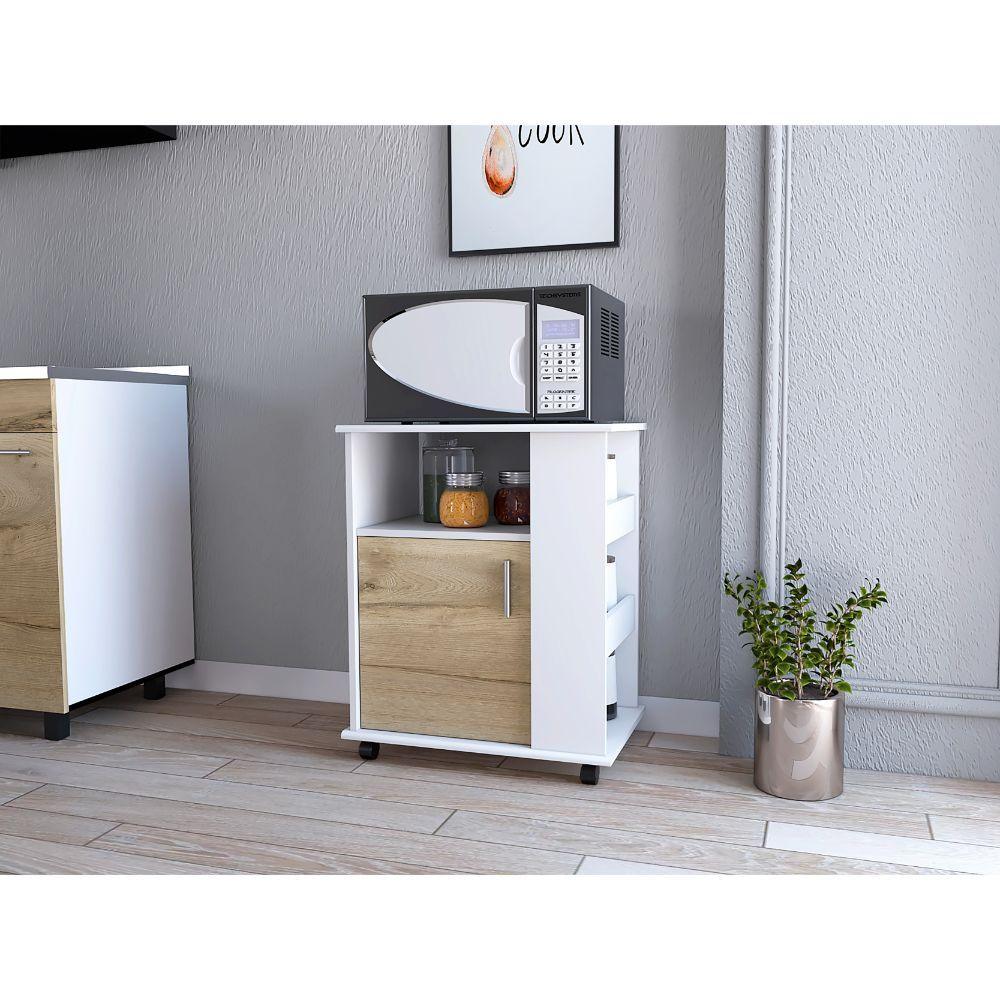 Módulo Microondas Tahara, Café Claro y Blanco, con Rodachinas Plásticas y Amplio Espacio Para Almacenar - Image 6