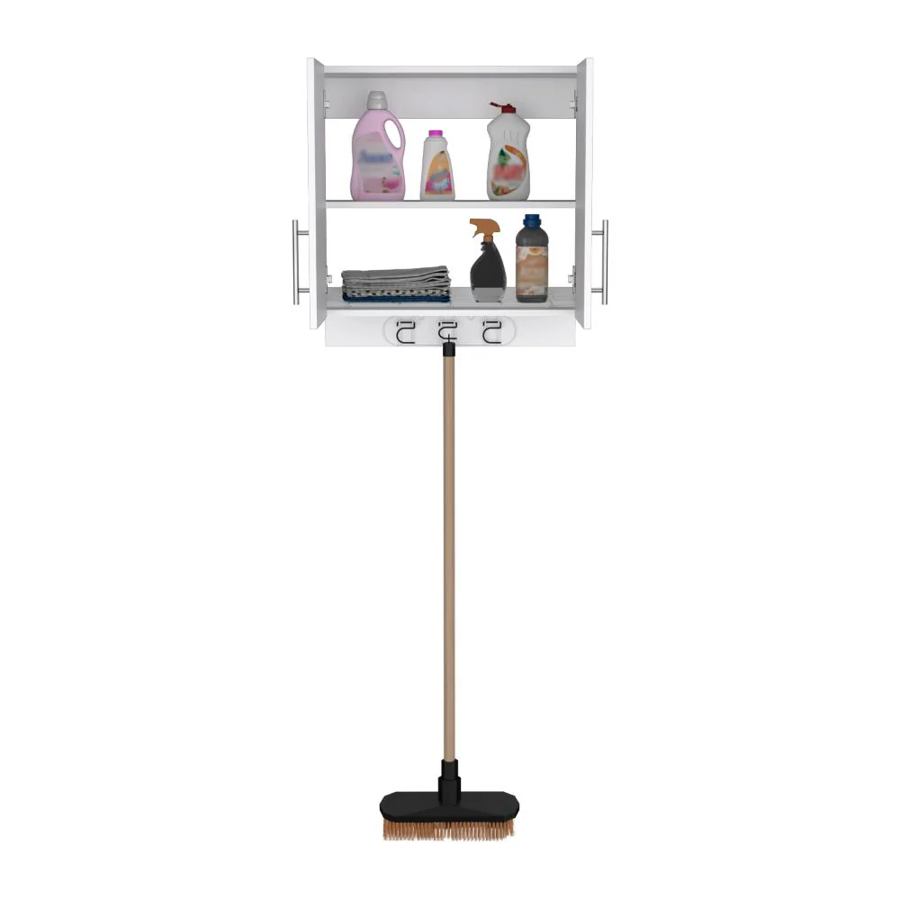 Mueble Auxiliar de Aseo Sotavento, Blanco, Colgador de Escobas y Dos Entrepaños ZF - Image 2