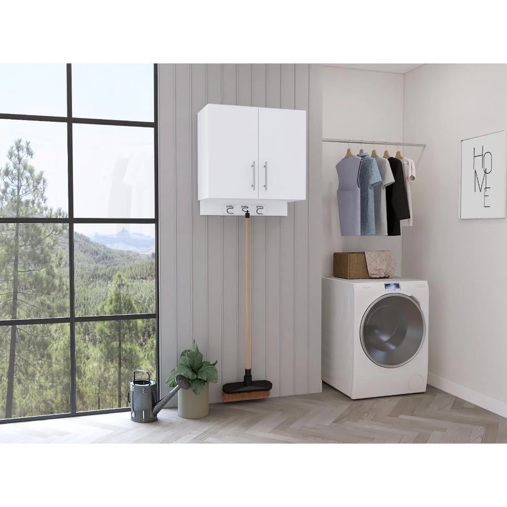 Mueble Auxiliar de Aseo Sotavento, Blanco, Colgador de Escobas y Dos Entrepaños ZF - Image 5