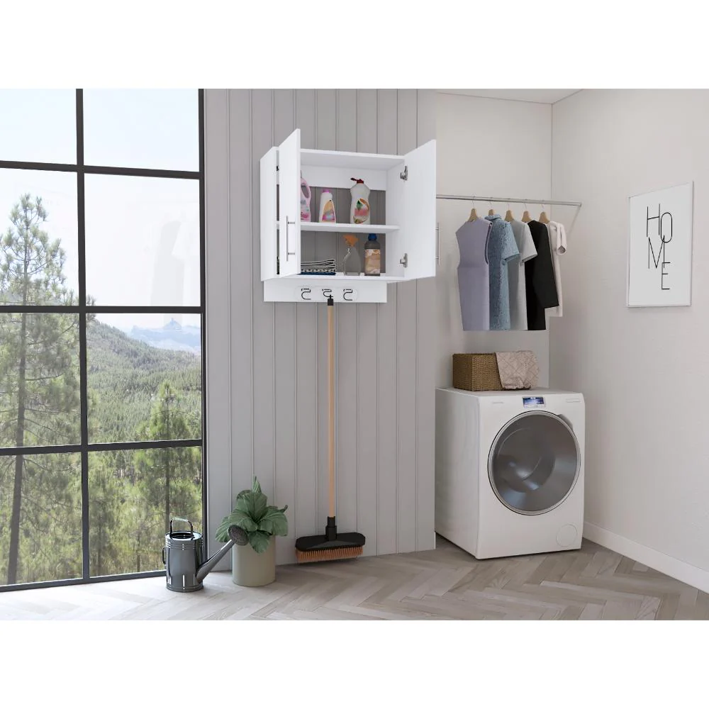 Mueble Auxiliar de Aseo Sotavento, Blanco, Colgador de Escobas y Dos Entrepaños ZF - Image 6