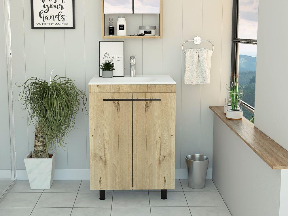 Mueble para Lavamanos Anney, Café Claro, con Dos Puertas y Patas Metálicas  ZF - Image 4