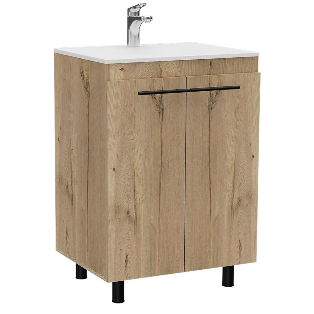 Mueble para Lavamanos Anney, Café Claro, con Dos Puertas y Patas Metálicas  ZF - Image 6