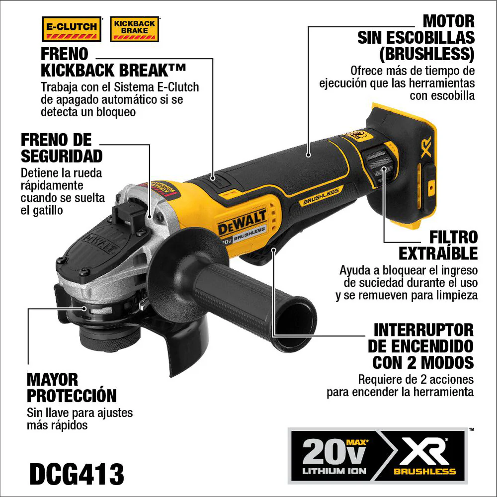 Amoladora angular pequeña con interruptor de paleta de 20v max y 4.5" con freno de retroceso marca Dewalt dcg413b - Image 2