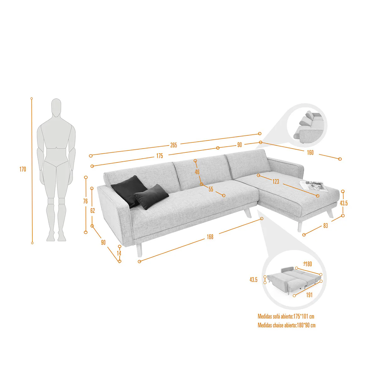 Sala En L Reclinable Chelsea Tela 265x160x76 Cm Taupé - Image 3