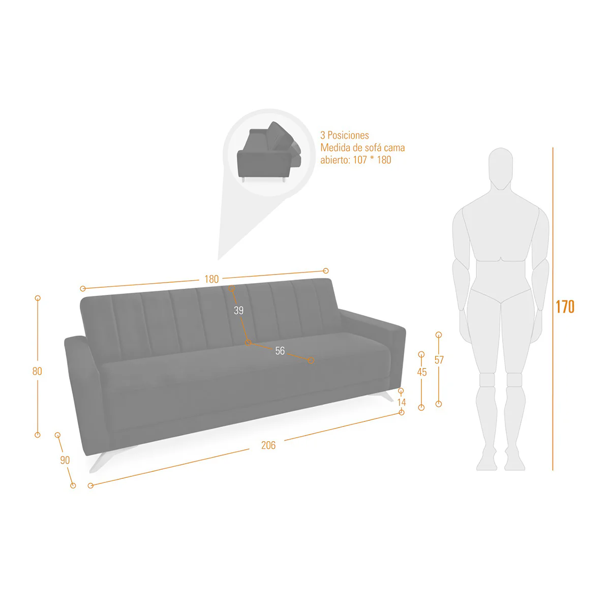 Sofá Cama Dominic Reclinable 206x90x80 Cm Gris - Image 7