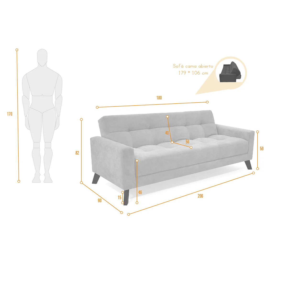 Sofá cama Sahara Reclinable Tela 206x90x82 Cm Taupé - Image 4