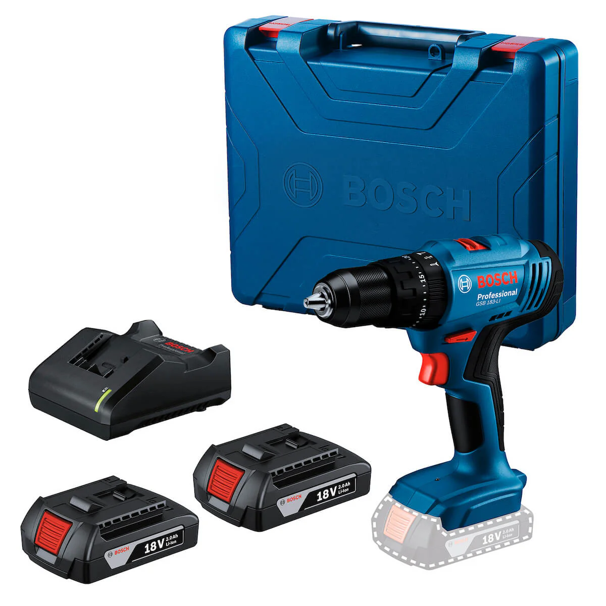 Taladro percutor atornillador GSB 183-LI 18 V con 2 baterías y maletín