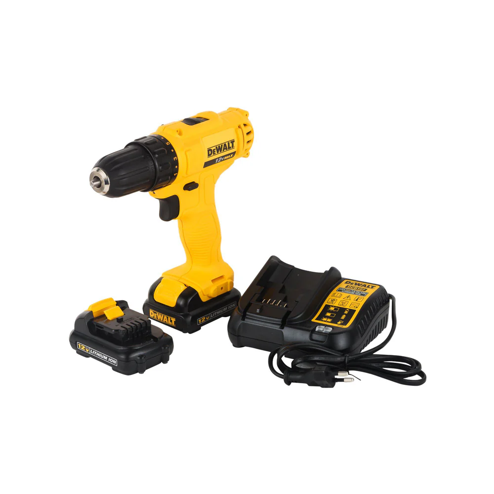 Kit taladro/atornillador inalámbrico ion-litio de 3/8". 12v con mandril auto-ajustable + 2 bat. + cargador marca Dewalt