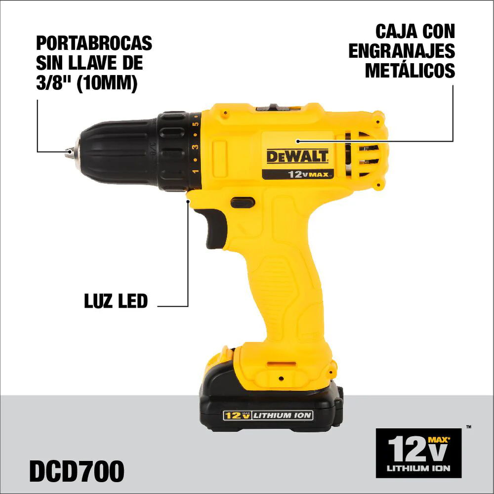Kit taladro/atornillador inalámbrico ion-litio de 3/8". 12v con mandril auto-ajustable + 2 bat. + cargador marca Dewalt - Image 2